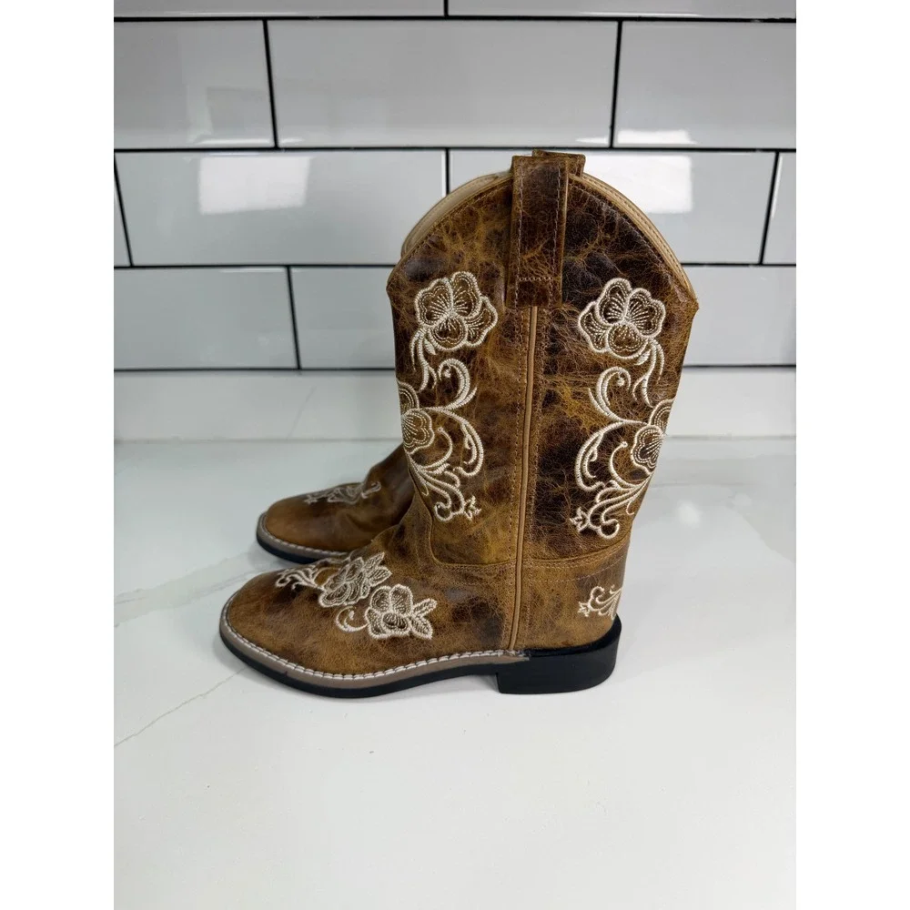 Shyanne Kids Brown Leather Floral Embroidered Cowboy Boots BBSC1946 Size 2.0 D